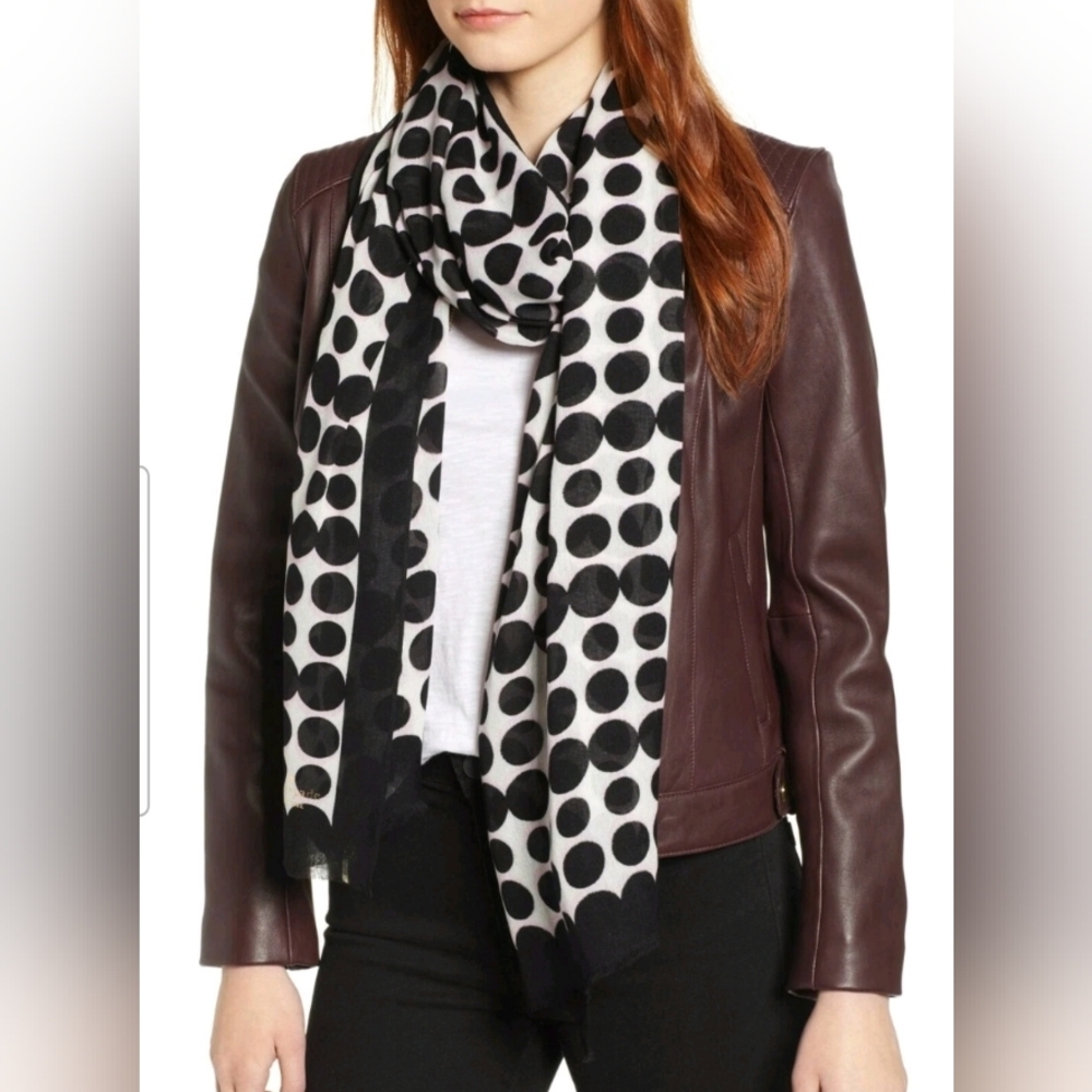 KATE SPADE New York Black White Pink Seasonless Polka Dot Oblong Scarf 30x80